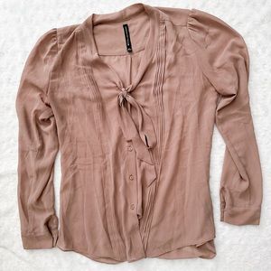 w118 by WALTER BAKER Front Tie Button Down Taupe Long Sleeve Sheer Top